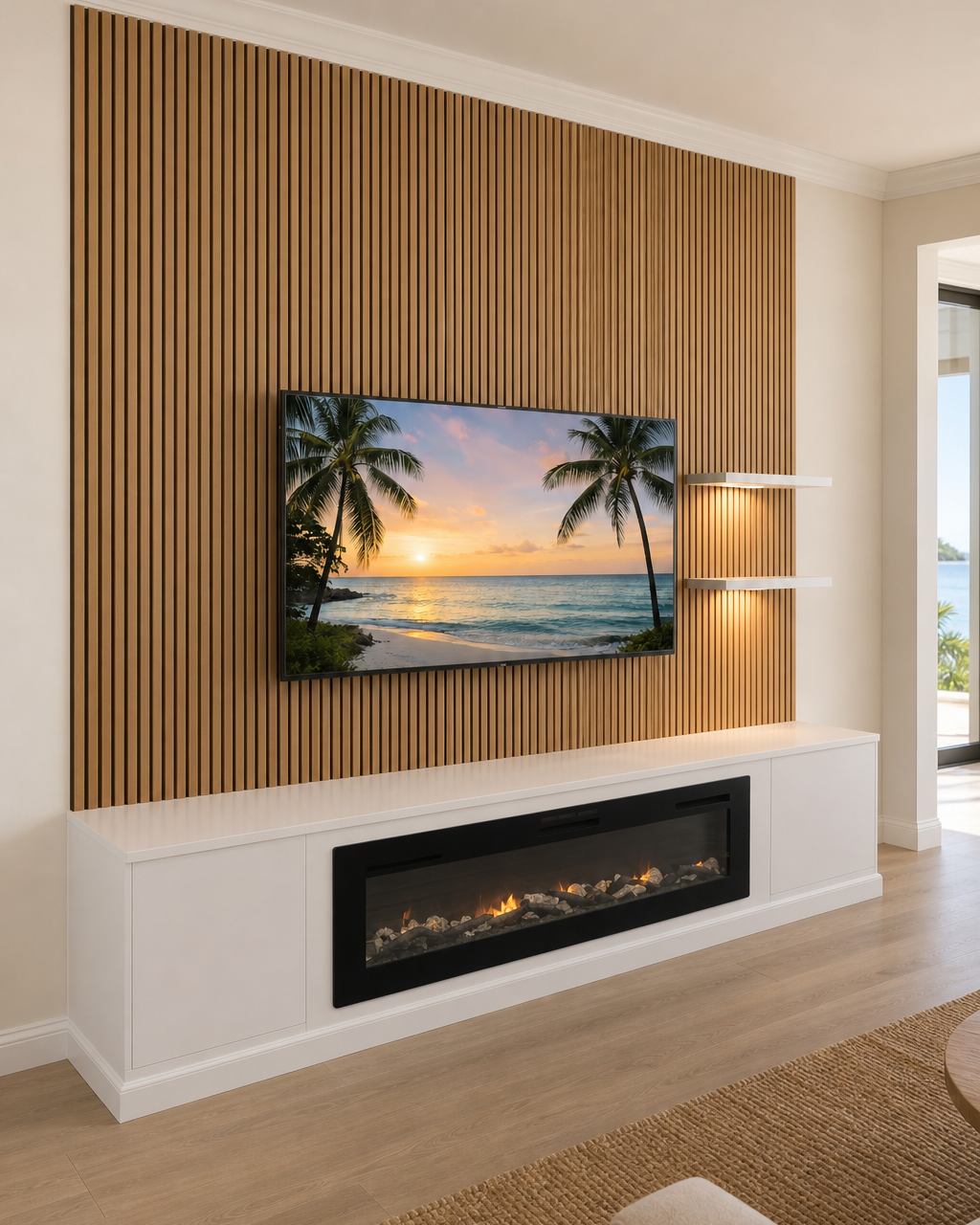 Fireplace Media Accent Wall with natural wood slats, illuminated floating shelves, television, and a wide white fireplace box