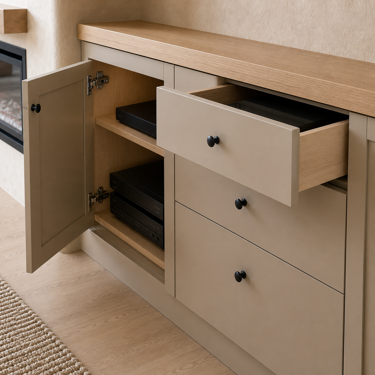 Open greige media cabinetry showing painted doors, wood-look interiors, drawer construction, and concealed hardware