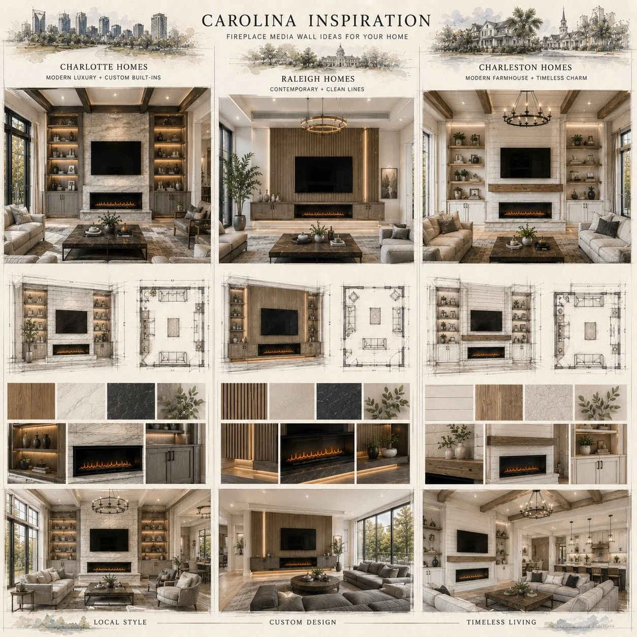 fireplace media wall design inspiration for Charlotte, Raleigh, and Charleston homes