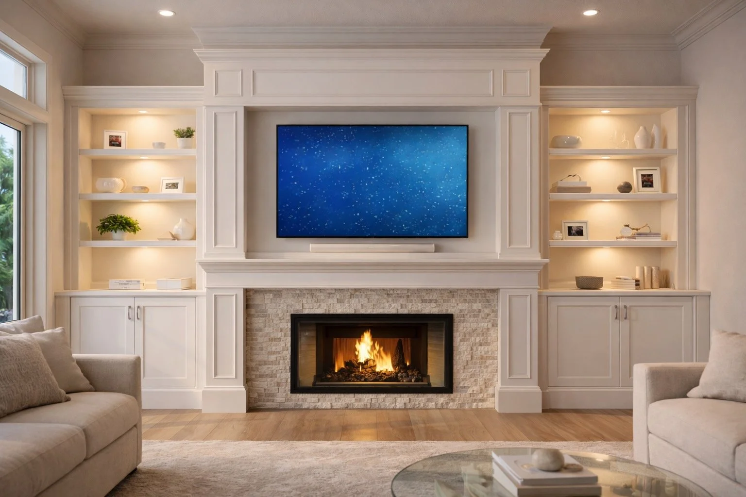 Living room with white built-in bookshelves and a mounted television above a fireplace with a burning fire, beige sofas, a glass coffee table, and a large window adjacent to the shelves.