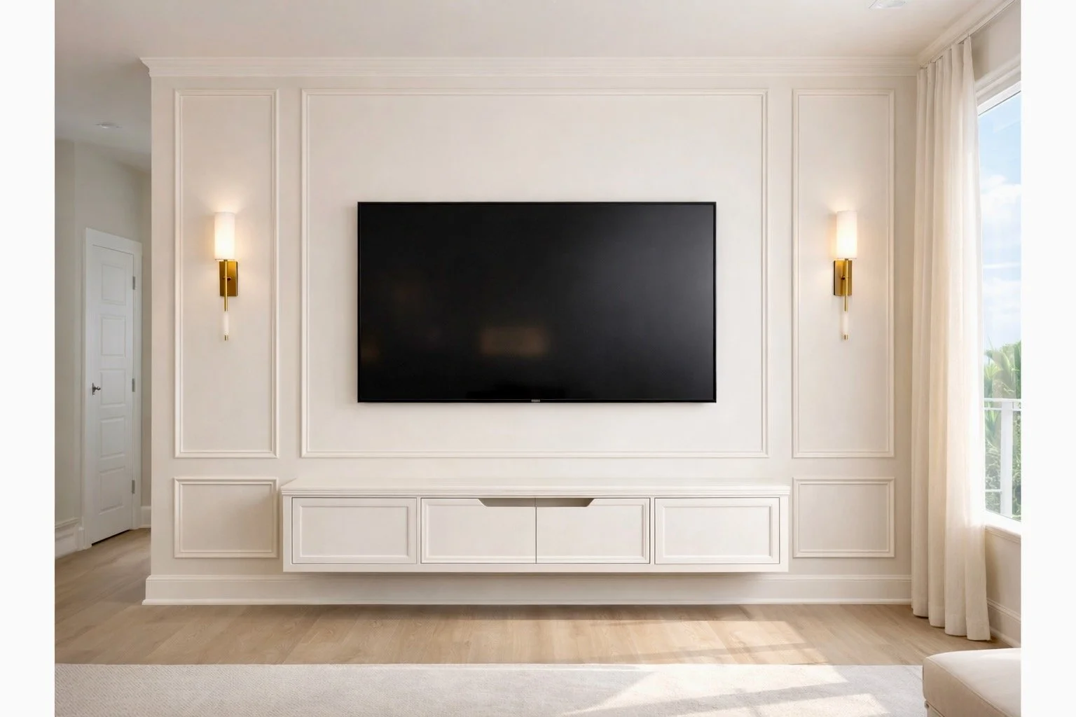 Living room wall with a flat-screen TV, gold wall sconces, white panel molding, and a white cabinet below the TV, next to a window with white curtains.