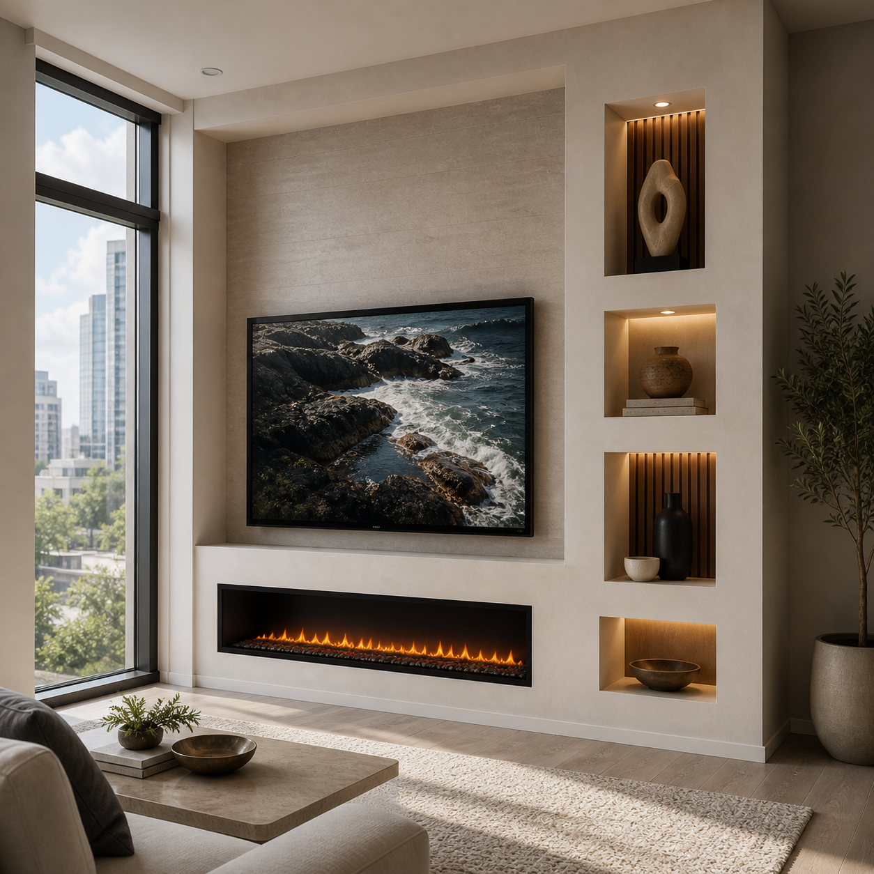 Modern niche media wall with one-sided illuminated display niches, integrated TV, and electric fireplace