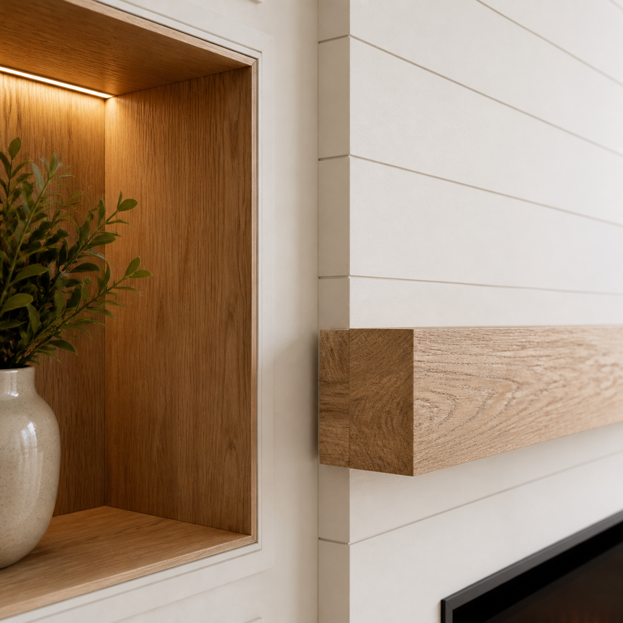 Natural oak niche and mantel detail on the C2-002 shiplap fireplace media wall