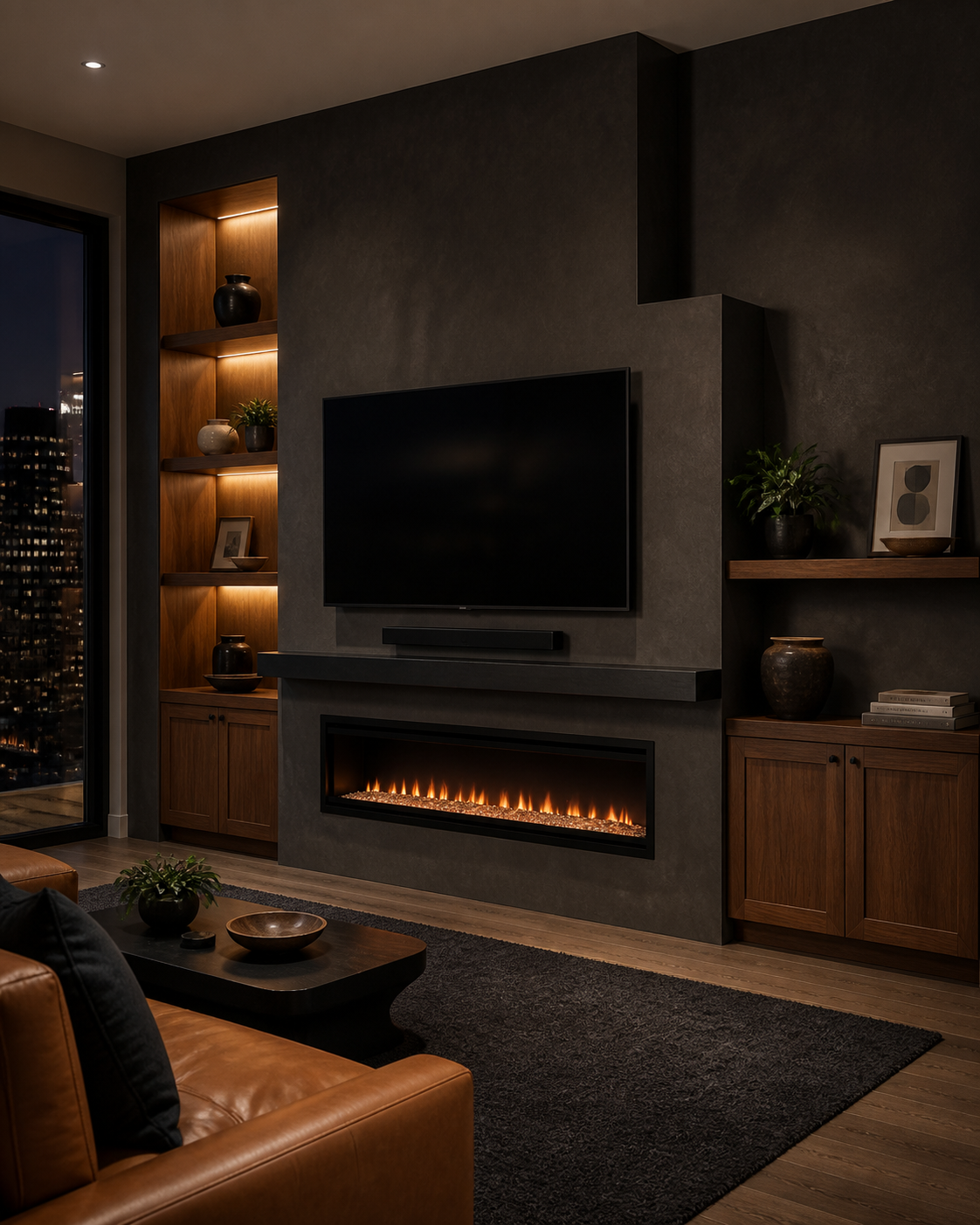 Modern living room with a wall-mounted television, electric fireplace, wooden cabinets, shelves with decor, and city view through a large balcony door at night.