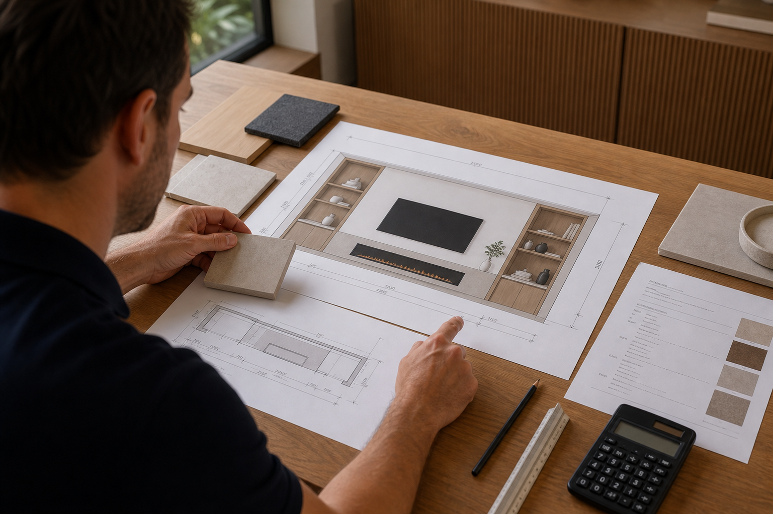 Project specialist reviewing media wall drawings, dimensions, finish specifications, and selected material samples