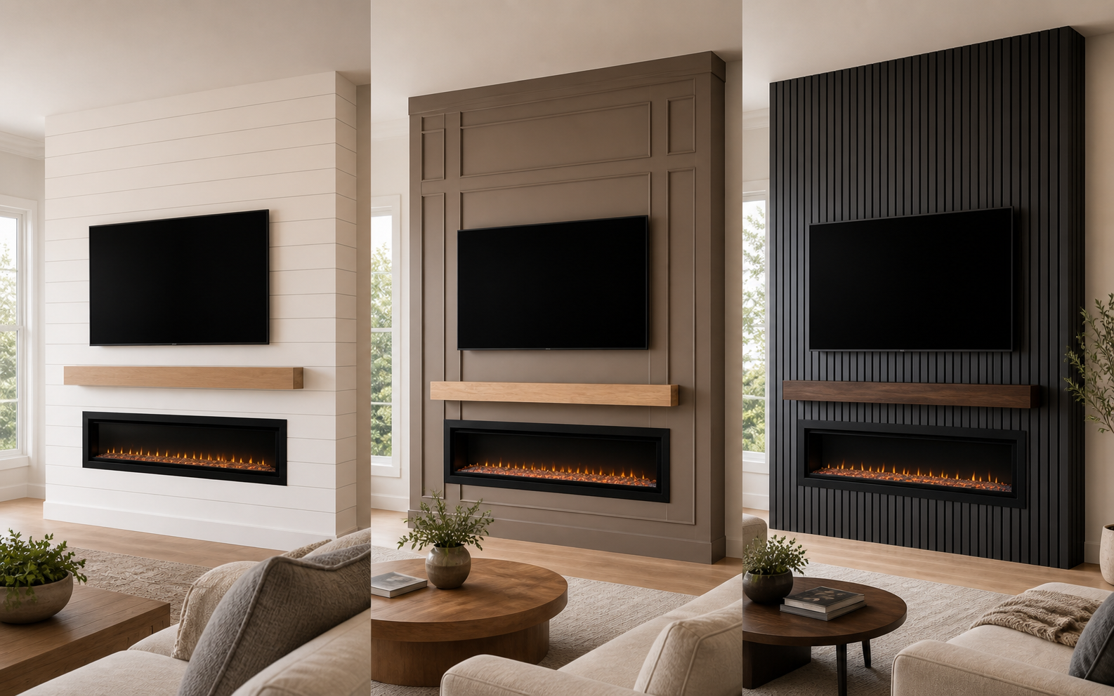 Shiplap, trim, and slat fireplace media walls representing the crafted architectural finishes of the F2 collection