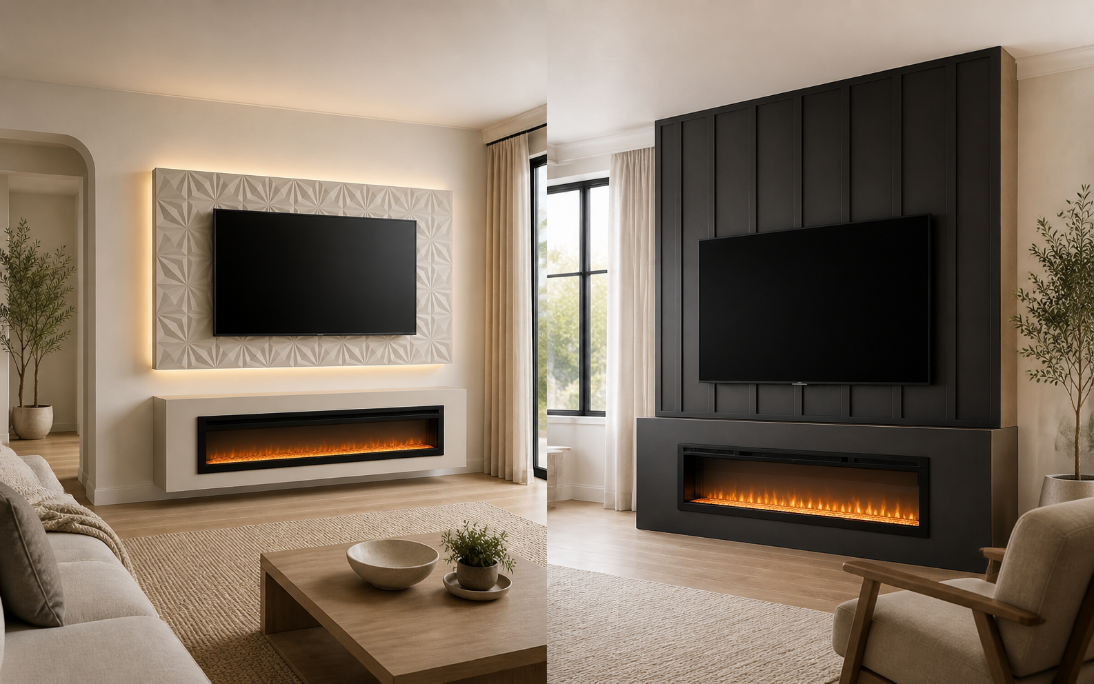 Cinema Fireplace Media Wall and Fireplace Media Accent Wall shown as two compact layered F1 compositions
