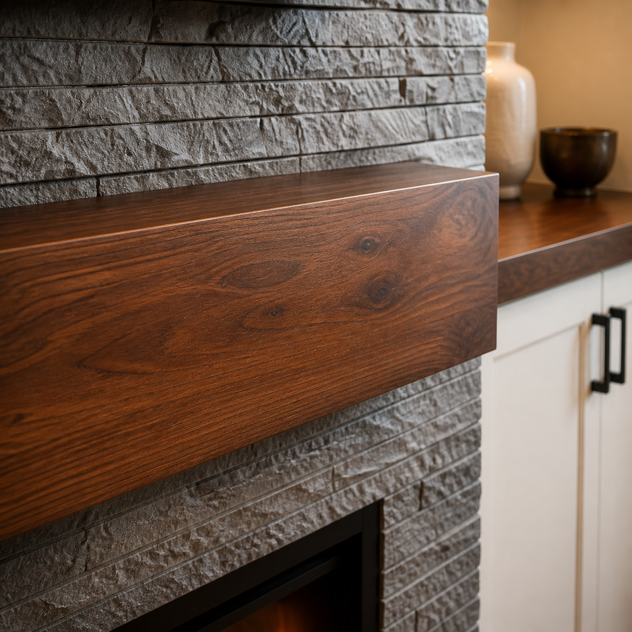 Natural walnut mantel with a satin finish installed against dimensional ledger stone