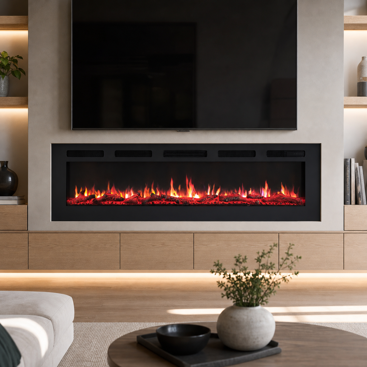 Modern living room with a wall-mounted flat-screen TV above an electric fireplace with glowing red and orange flames, surrounded by light wood cabinetry and built-in shelves with books and decorative objects.