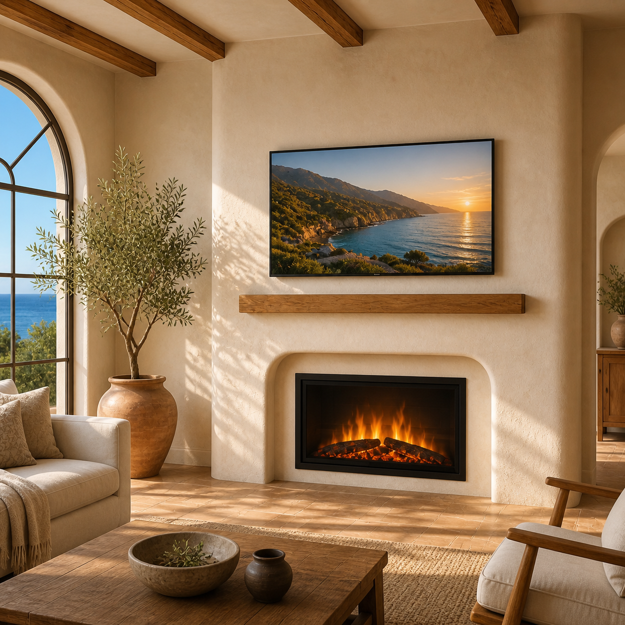 Sunlit Mediterranean living room with a limewash hearth wall, natural oak mantel, integrated television, and traditional electric fireplace