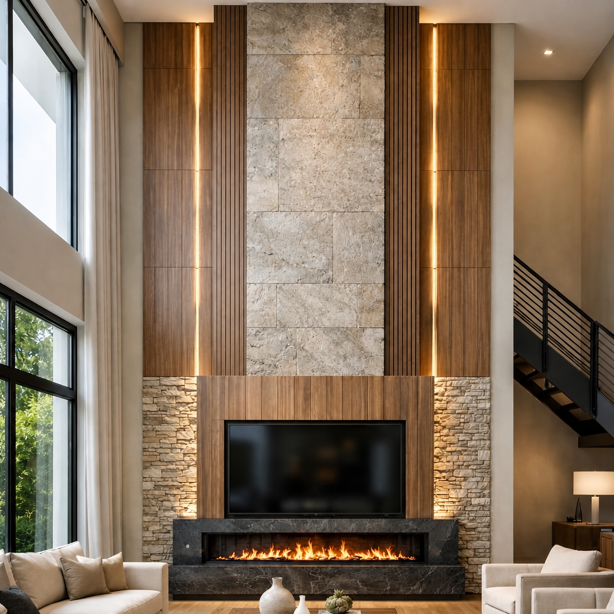 Double-height media wall with stone and wood panels, vertical accent lighting, a mounted TV and a linear fireplace.