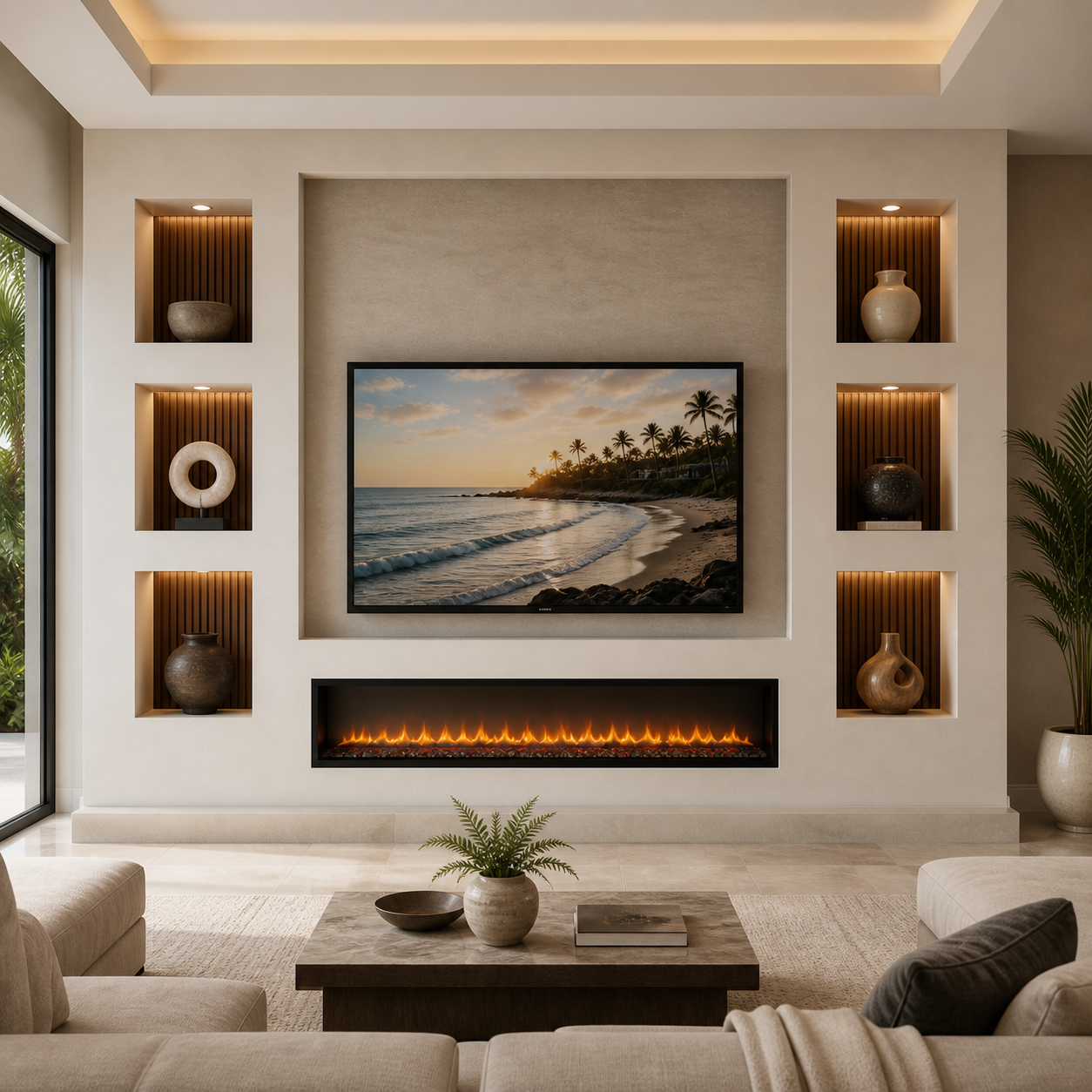 Symmetrical modern niche media wall with illuminated display niches, integrated TV, and linear electric fireplace