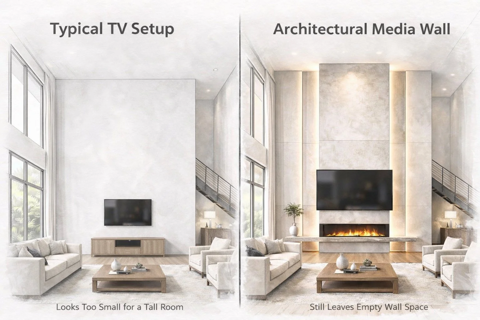 Comparison showing typical TV setup, standard media wall, and full height media wall for high ceiling living rooms