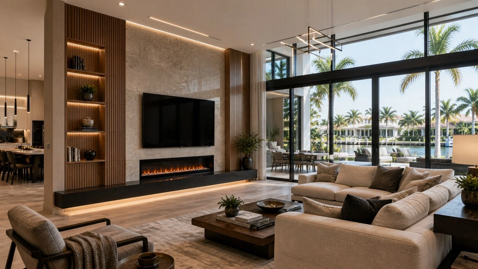 custom TV media wall in Florida great room with fireplace and modern interior design