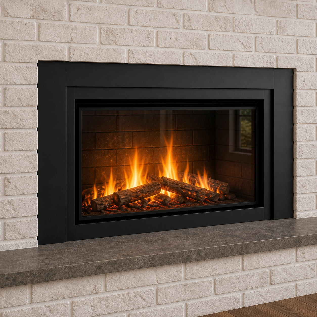 Traditional electric fireplace integrated into whitewashed brick with a warm-gray hearth cap