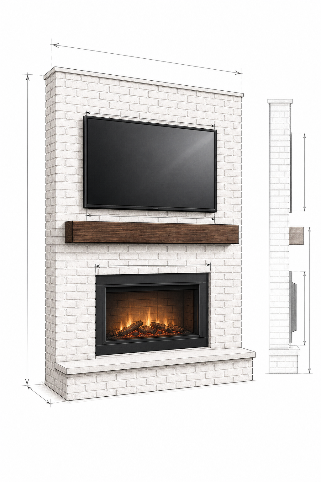 Architectural sketch of a custom Brick Fireplace Media Wall showing coordinated TV, wood mantel, electric fireplace, hearth, wall proportions, and installation depth