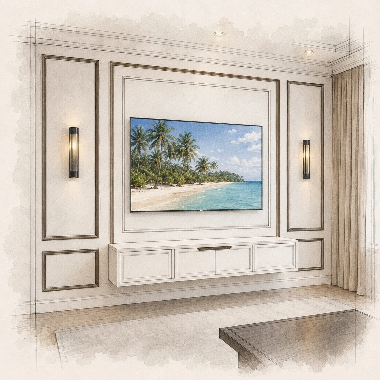 Interior of a room with a wall-mounted TV showing a tropical beach scene, walls decorated with beige paneling and two black wall sconces, curtain on the right side, and a wooden table in the foreground.