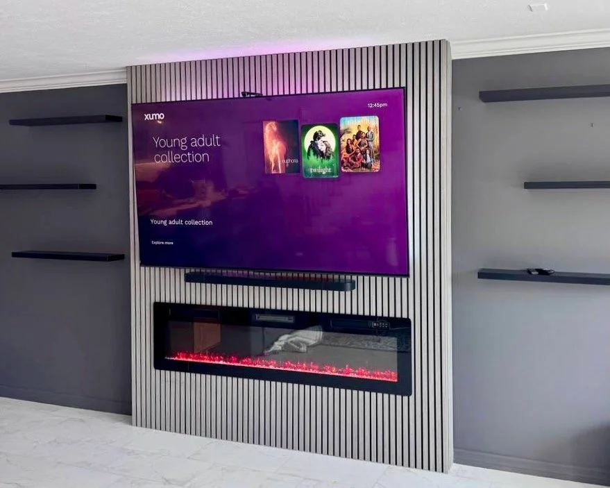 modern slat fireplace media wall with tv and electric fireplace in tampa florida