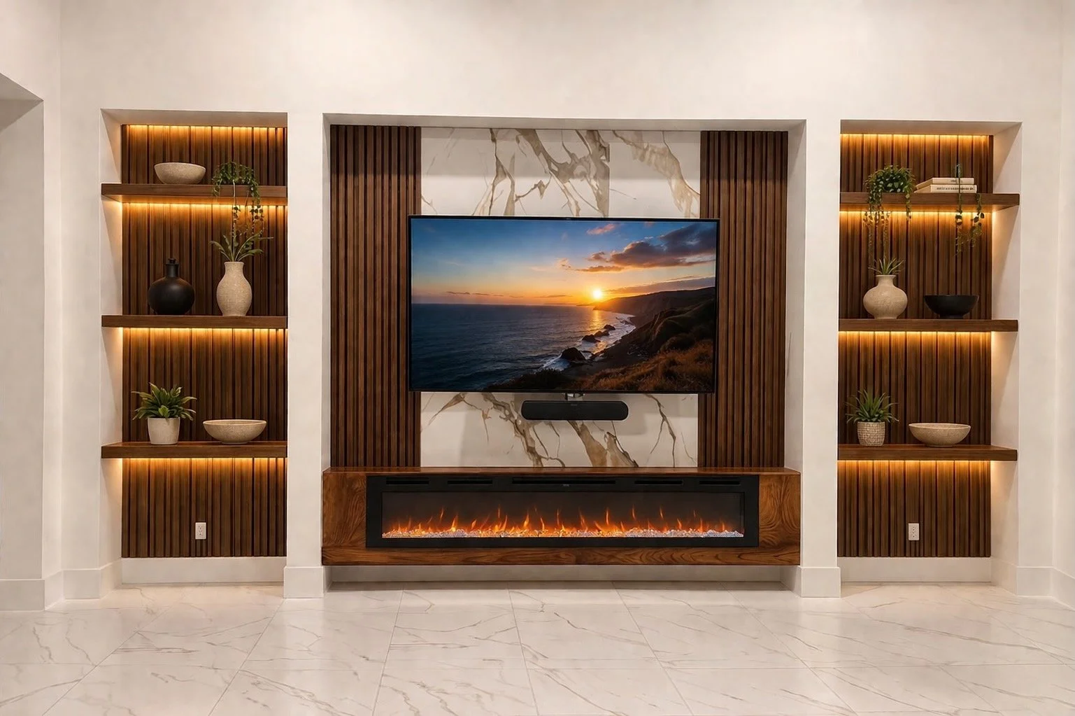Modern media wall with fireplace and wood slats in Sarasota Florida