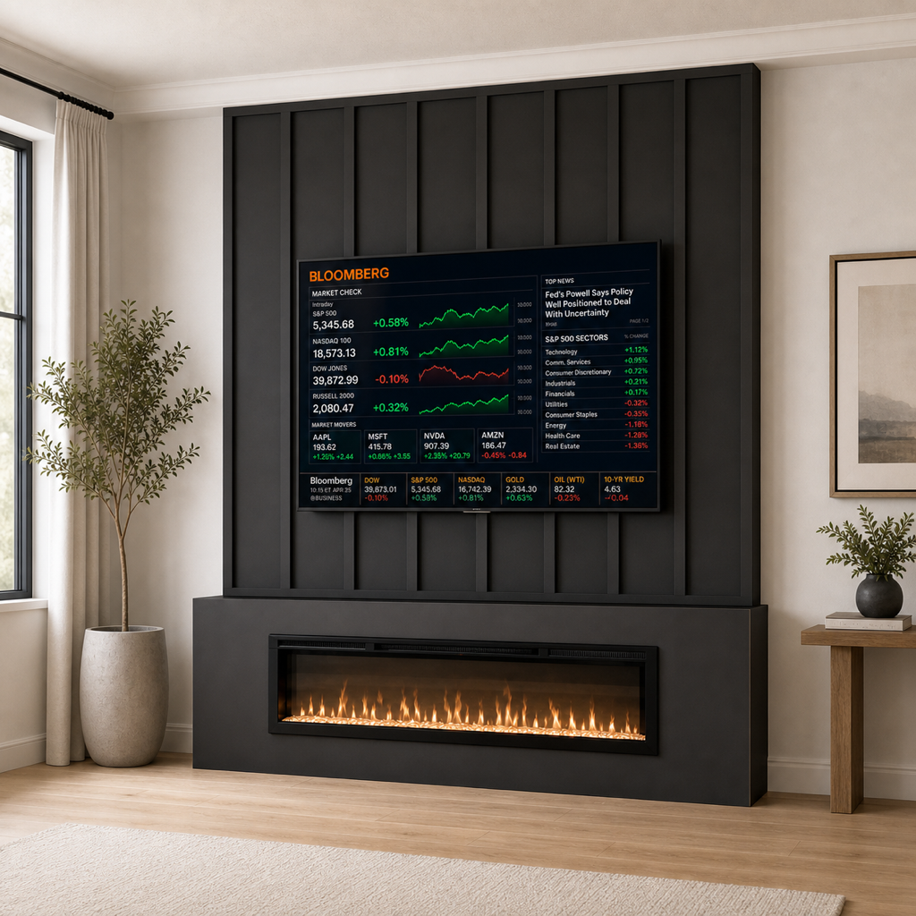 A modern living room features a large flat-screen Bloomberg TV displaying stock market information above a sleek black electric fireplace. There are two potted plants, one on the left near a window with curtains and one on a small wooden side table on the right.