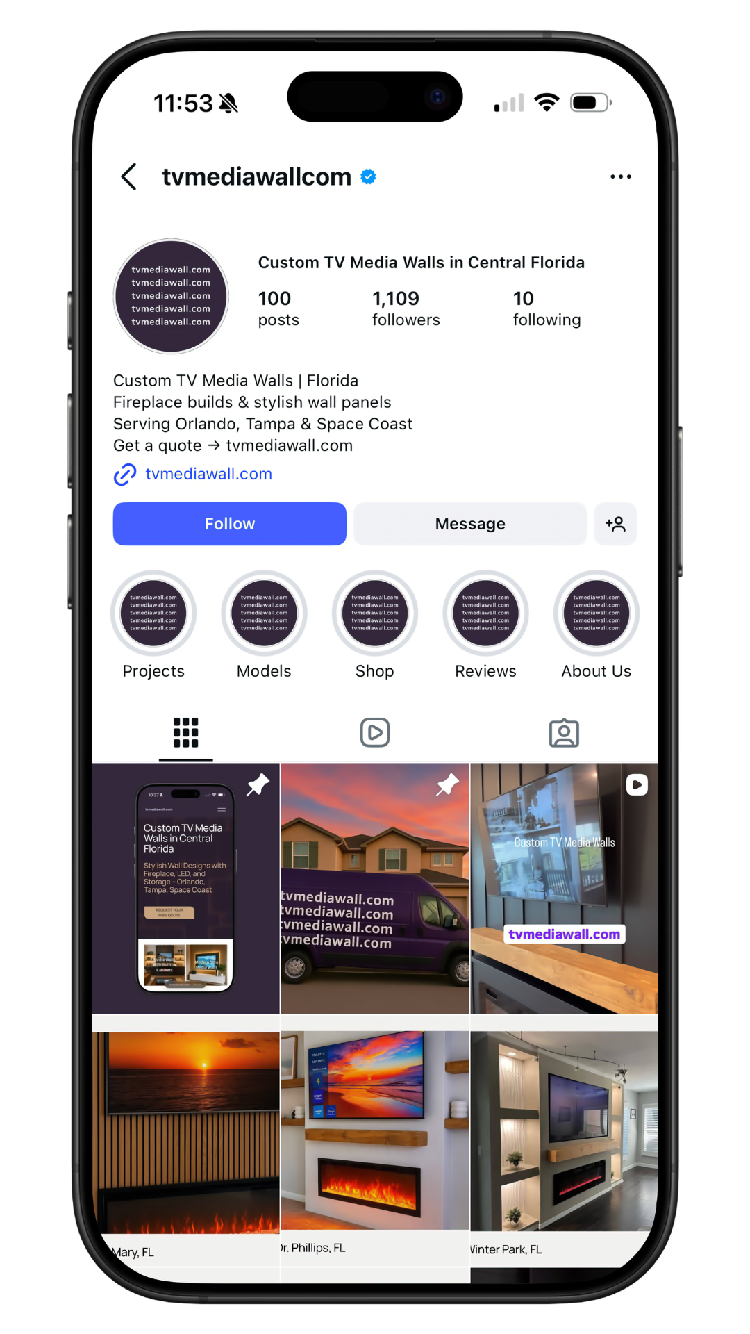 Instagram profile page for tvmediawall.com featuring home decor and TV media wall projects, with profile picture, bio, and grid of videos and images showcasing media wall designs.