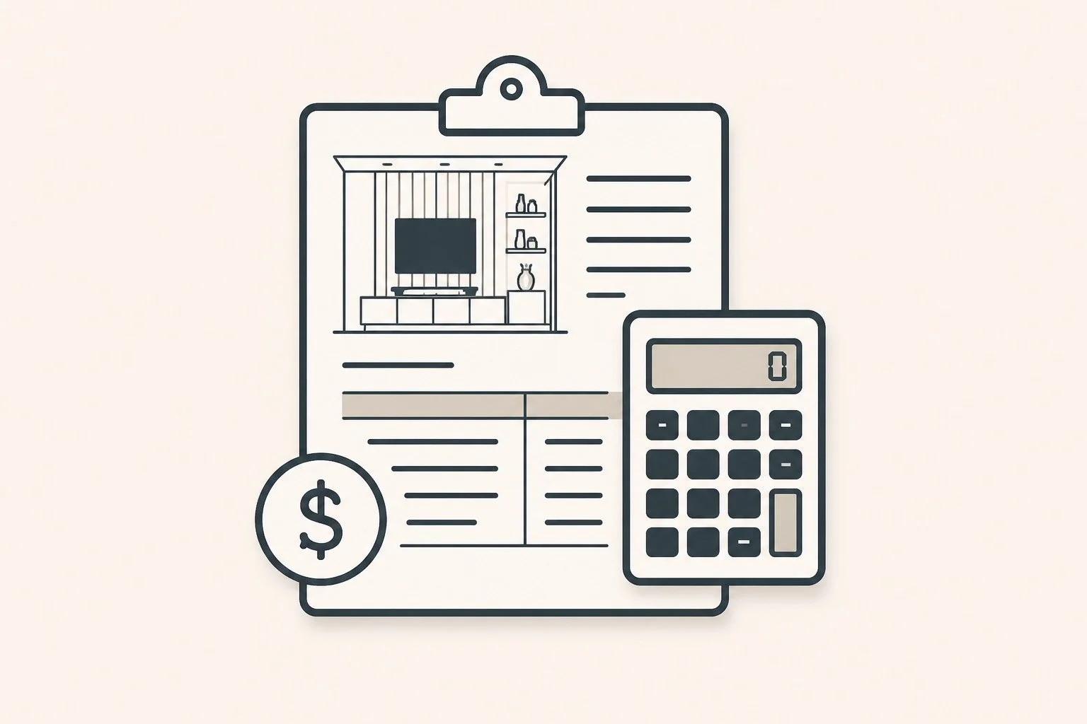 Project estimate document with media wall drawing, calculator, and pricing symbol