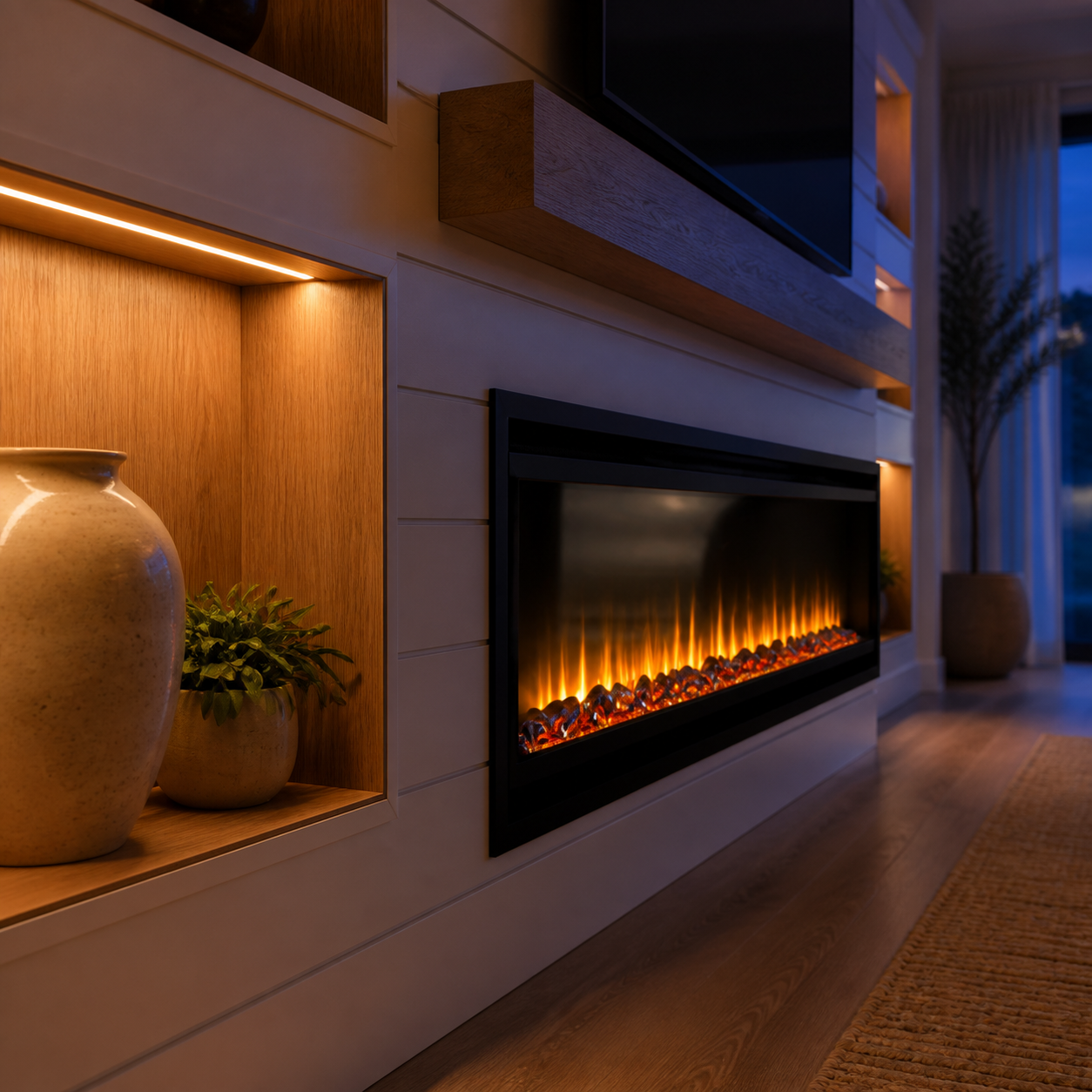 Illuminated wood niche and electric fireplace detail on the C2-002 media wall