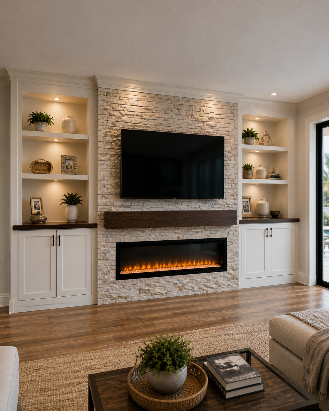 Living room with white built-in shelves flanking a brick fireplace with a mounted TV above it. The fireplace has a wooden mantle and an electric fire below. The shelves hold decorative vases, plants, framed photos, and books. A sliding door is visible on the right, and the floor is wood with a beige rug and a coffee table with a plant and books.