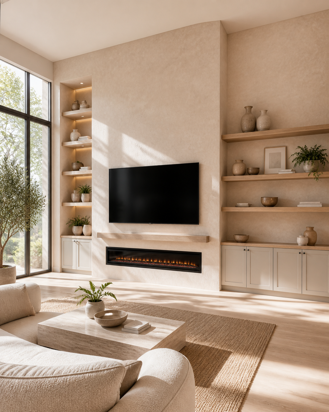 Modern living room with large window, beige sofa, coffee table, wall-mounted TV, electric fireplace, and open shelving with vases and books.