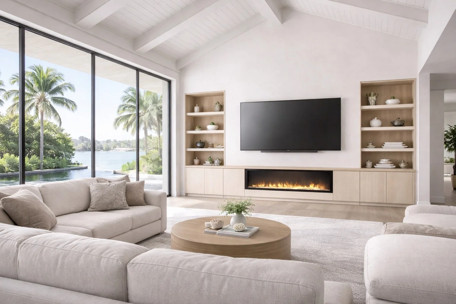 Custom media wall with electric fireplace and built-in cabinets in a Sarasota area living room