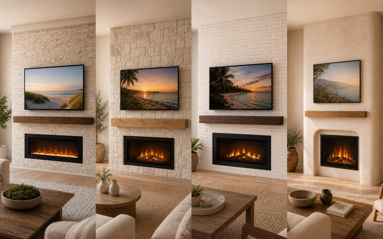 Ledger stone, rough-cut stone, brick, and Mediterranean hearth fireplace media wall designs