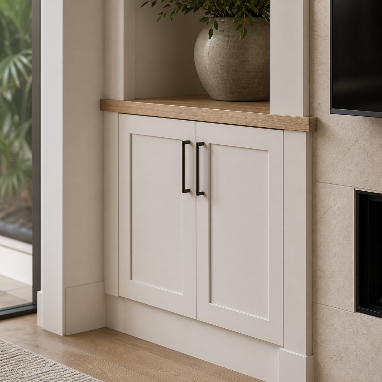 A built-in white cabinet with two doors and black handles, topped with a wooden shelf holding a large decorative ceramic vase with green foliage, situated next to a beige wall and a partial view of a black fireplace.