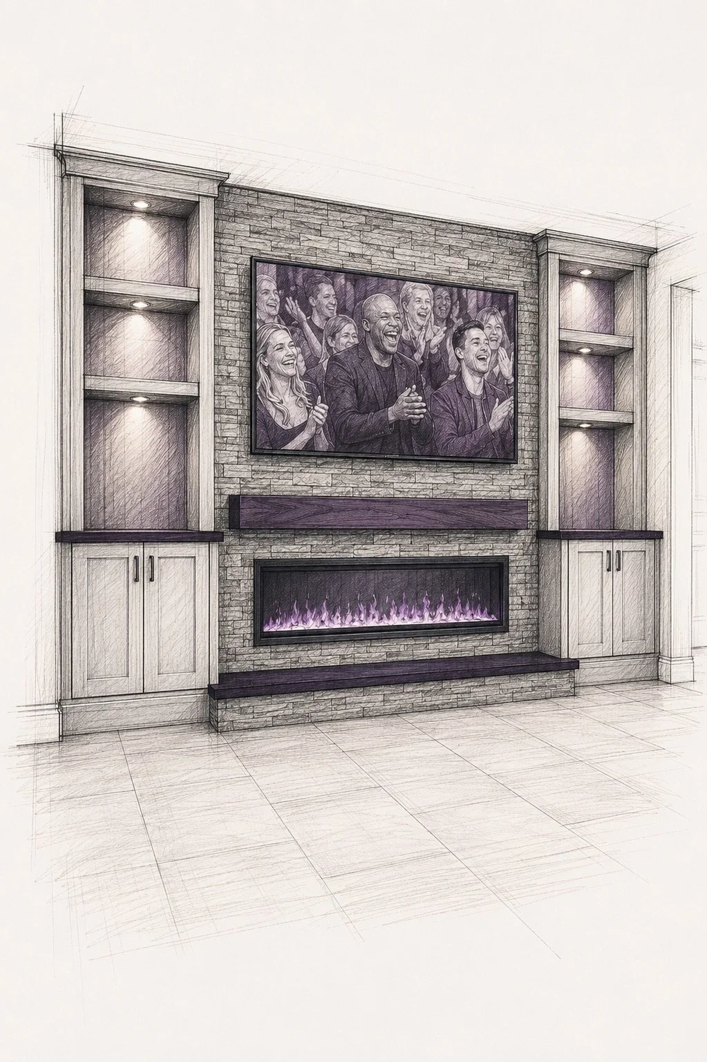 Architectural sketch of a C Series entertainment wall with stone surround, illuminated shelves, base cabinets, TV, and linear fireplace