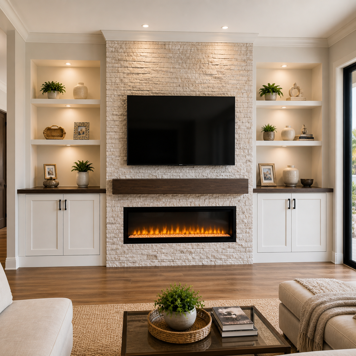 Stone built-in entertainment center with ledger stone fireplace, cabinets, and illuminated niches