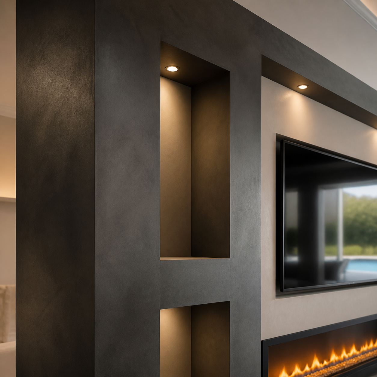 Close-up of a charcoal limewash finish and illuminated niches on a modern media wall