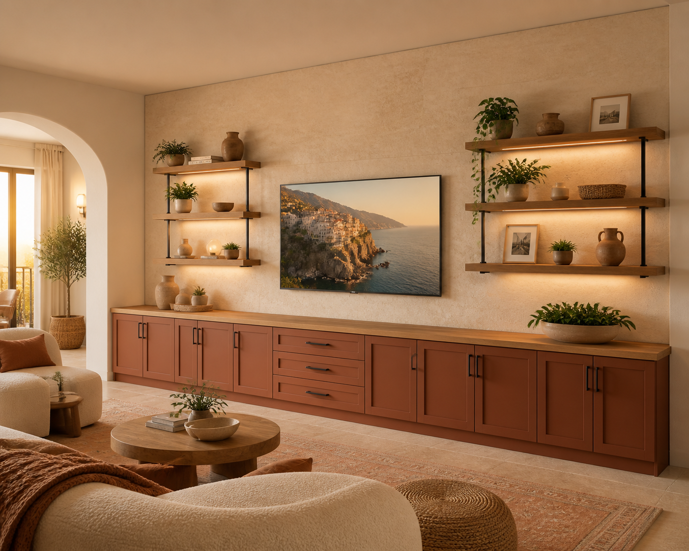 Living room with a wall-mounted flat-screen television, decorative plants and framed photos on shelves, a red-orange wooden cabinet, a beige sofa with pillows, a round wooden coffee table with a plant and books, and a large window with sunlight and c