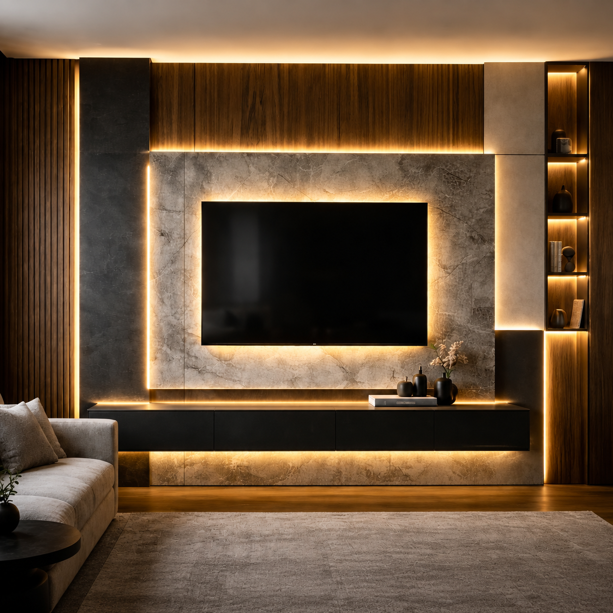 Layered media wall with stone-look panels, wood slats, warm backlighting, a floating cabinet and illuminated display niches.