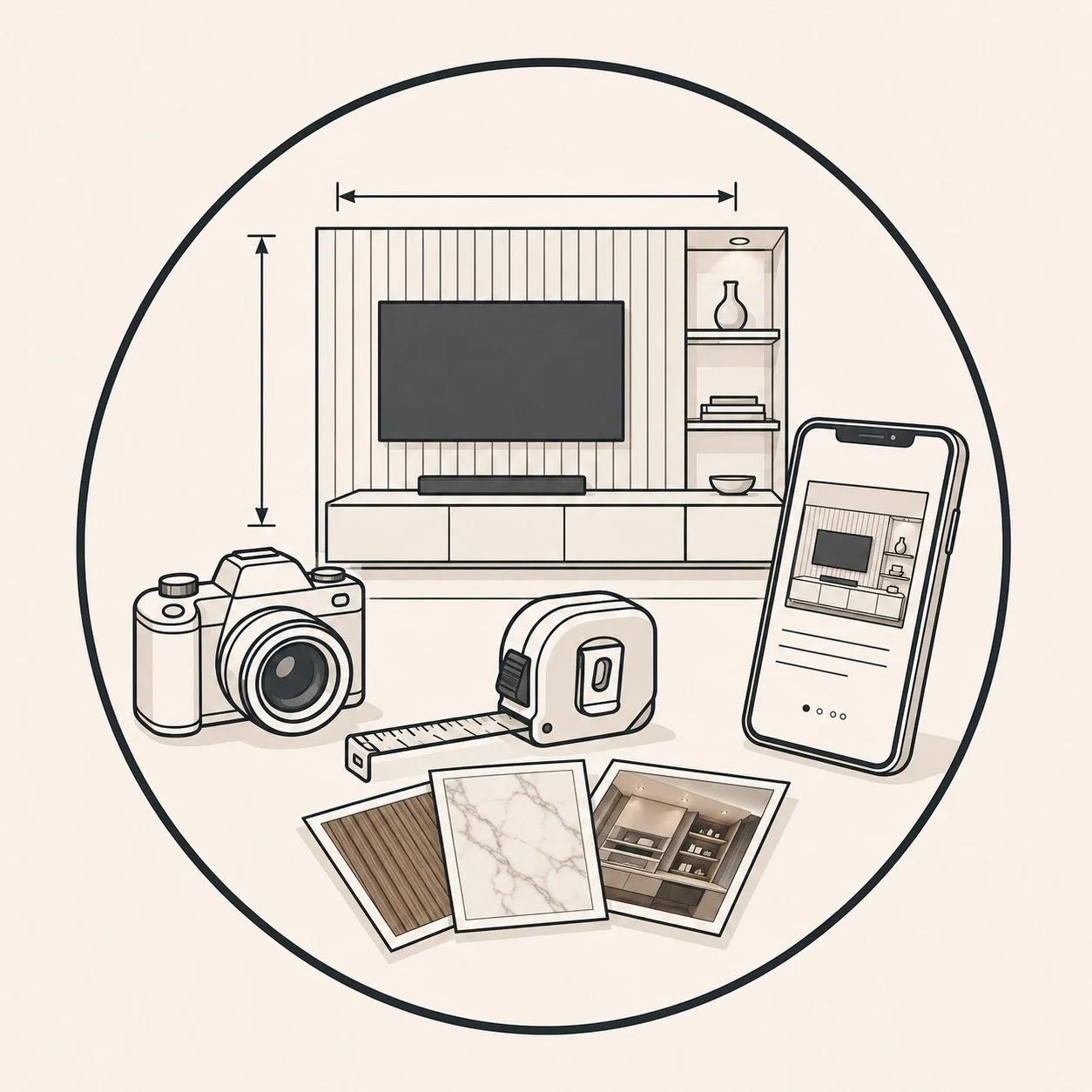 Camera, tape measure, smartphone, and media wall reference images representing project information submission