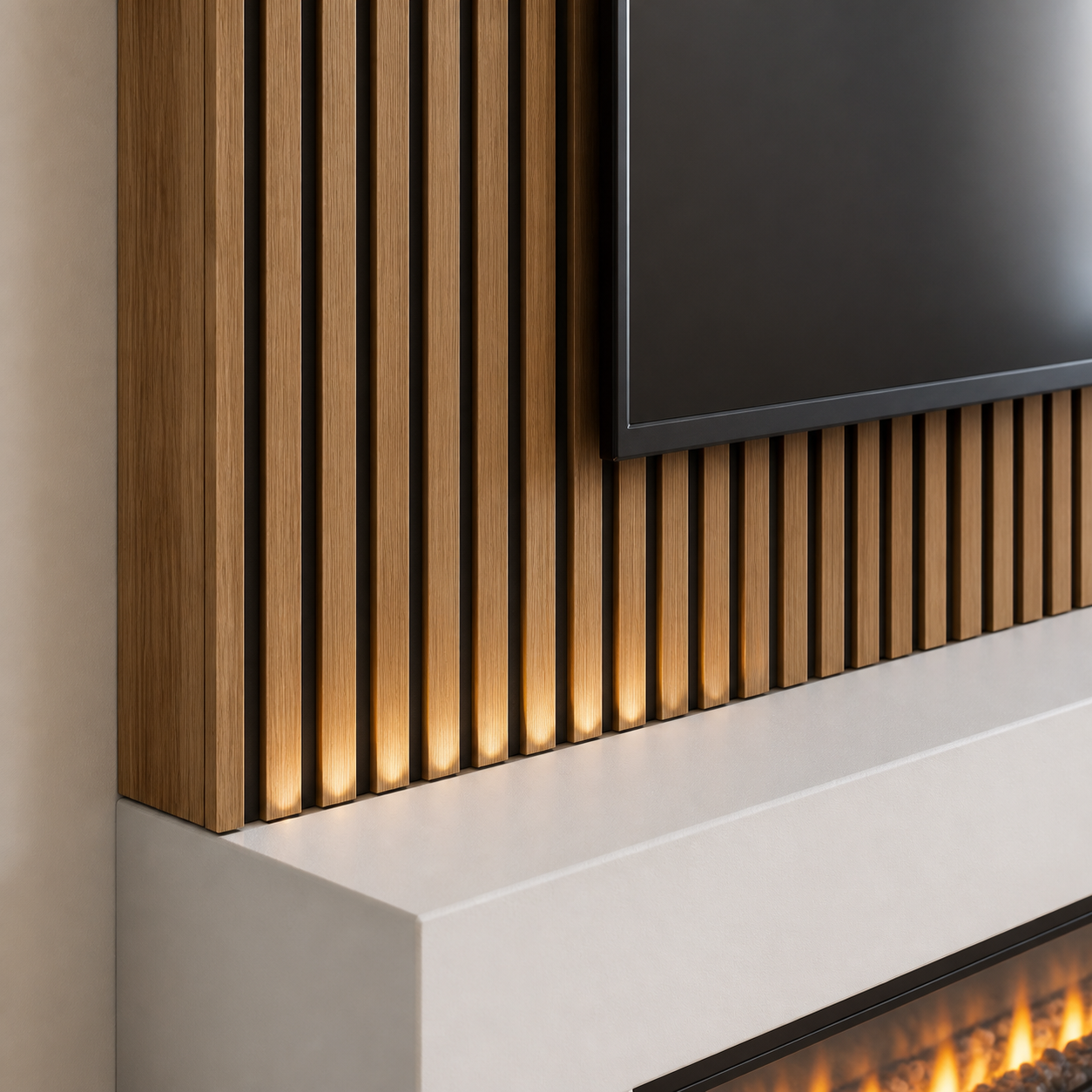 Taupe wood-look slatted profile installed behind a TV above a projecting fireplace box