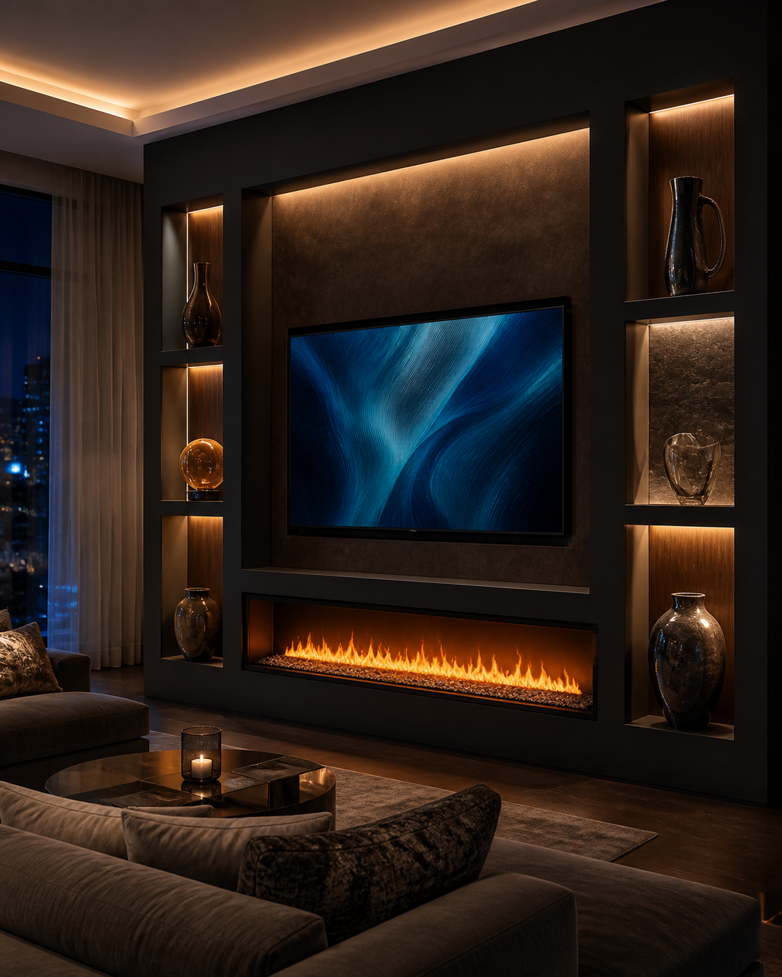 Modern living room with a wall-mounted flat-screen TV, decorative vases on built-in shelves, and an electric fireplace beneath the TV. Soft lighting highlights the dark wall and surrounding decor, with a large window and sheer curtains on the left.