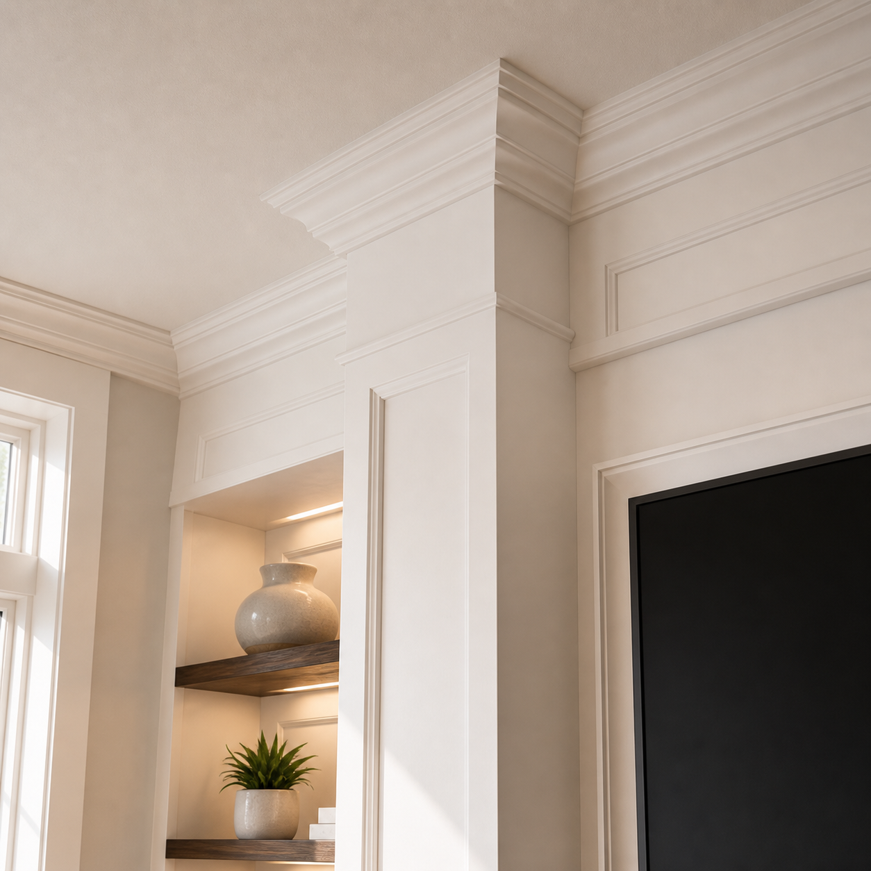 Detailed crown molding, pilasters, and framed millwork defining the Signature Classic Built-In