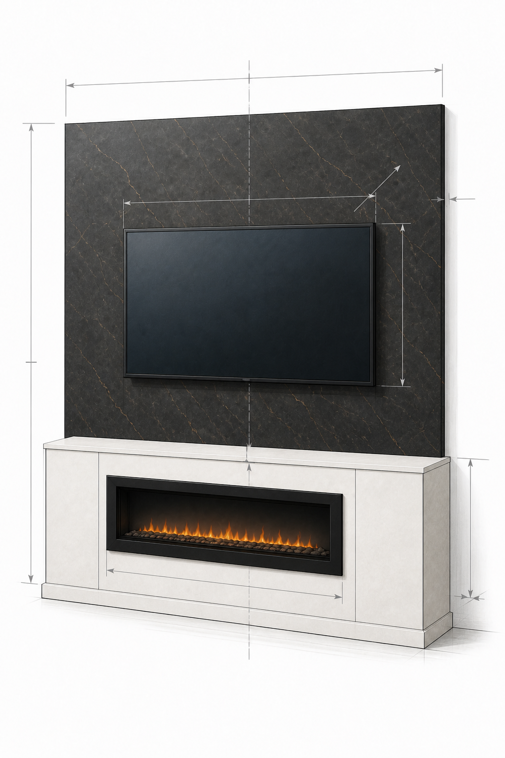 Architectural customization sketch of a connected Decorative Panel Fireplace Media Wall with a flush TV panel and projecting fireplace box
