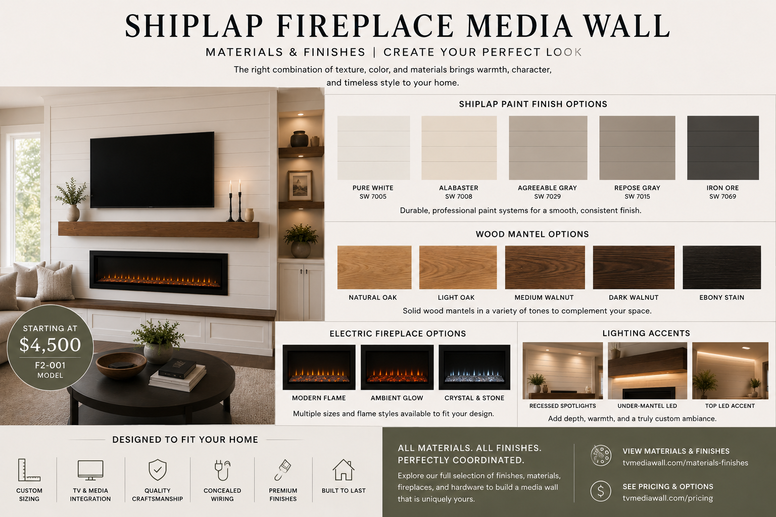 materials and finishes board for a shiplap fireplace media wall with paint colors, wood mantel stains, electric fireplace options, and lighting accents