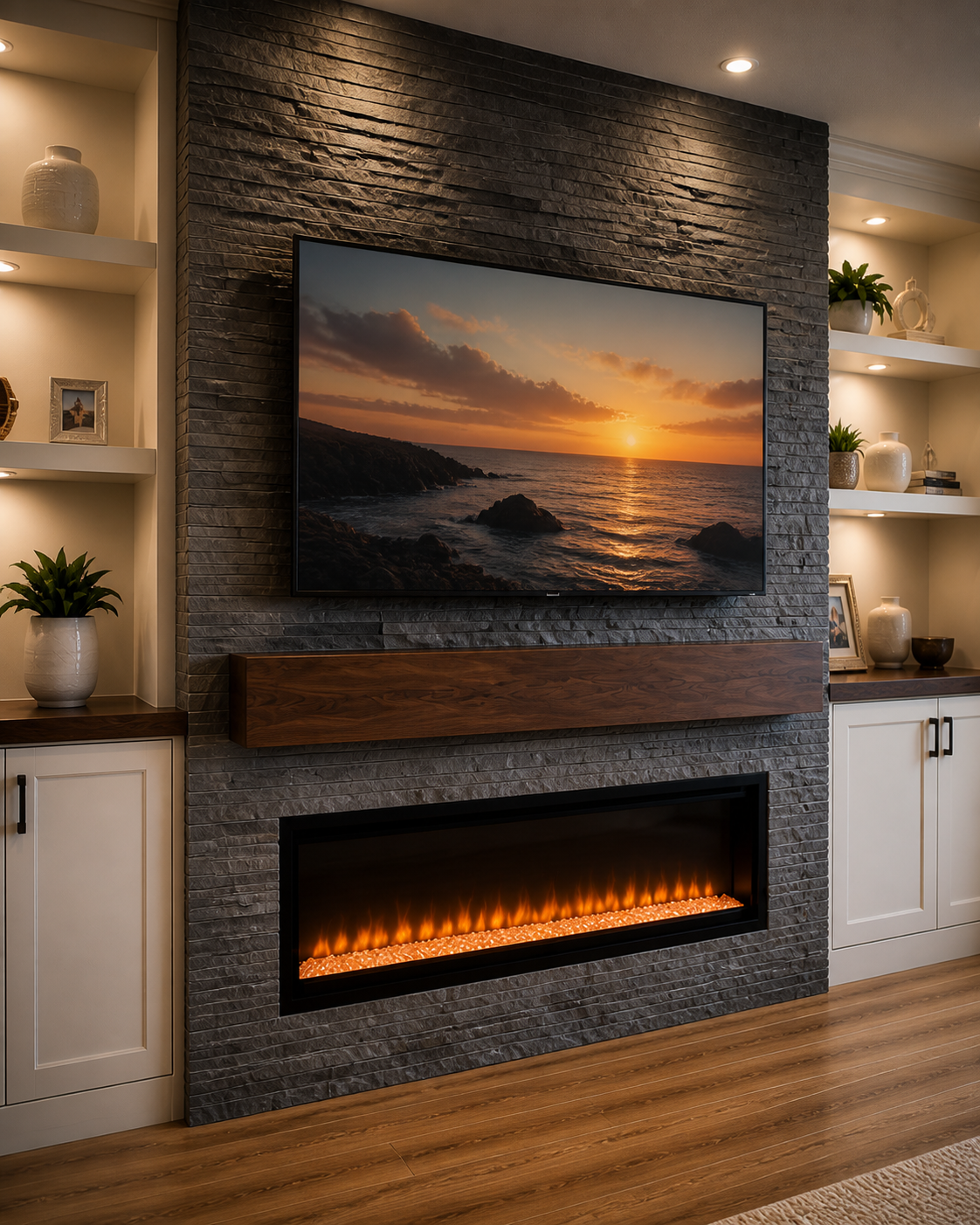 Living room with modern fireplace, large flat-screen TV displaying a sunset over the ocean, and built-in shelves with decorative items and plants.