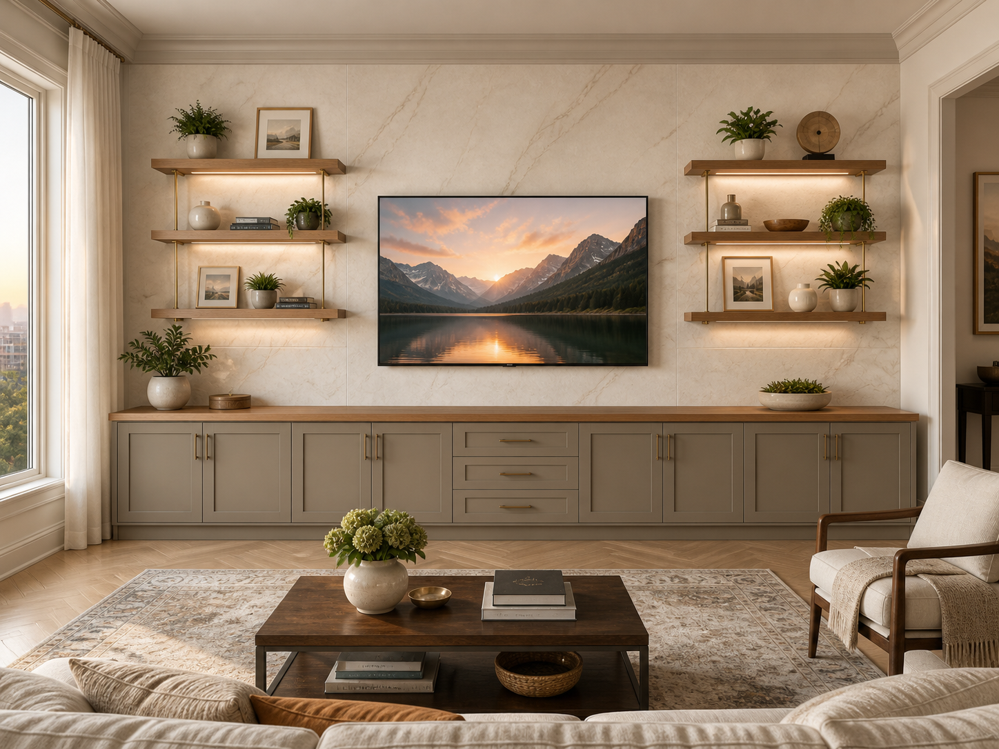 Living room with a large wall-mounted TV displaying a mountain landscape at sunset, beige cabinets, wooden shelves with plants and decorative items, a window with curtains, a coffee table with a vase of flowers, and a cozy armchair.