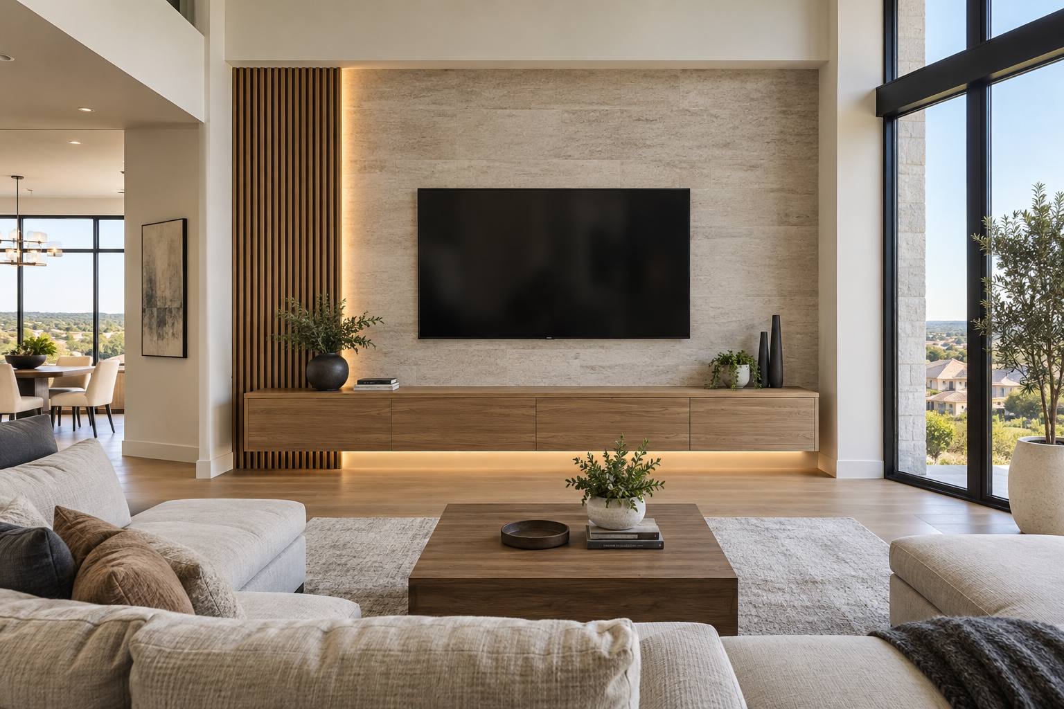 Concept visualization of a modern media wall with stone, oak cabinetry, wood slats, and integrated lighting in a Dallas–Fort Worth living room.