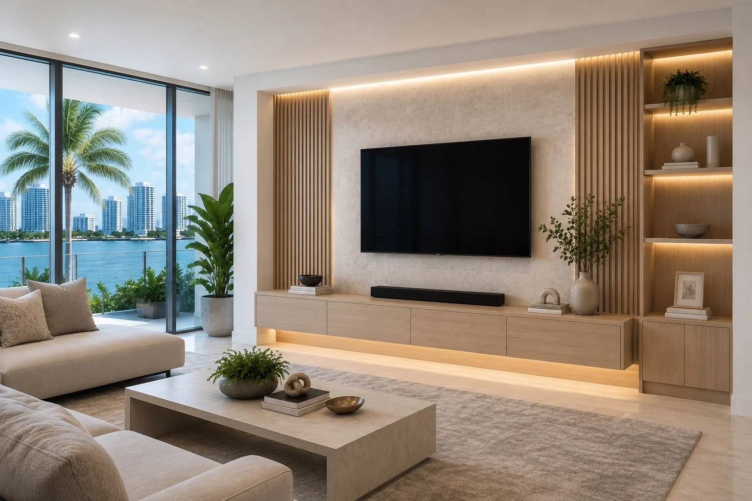 Custom TV media wall with floating cabinetry and integrated lighting in a modern Miami home