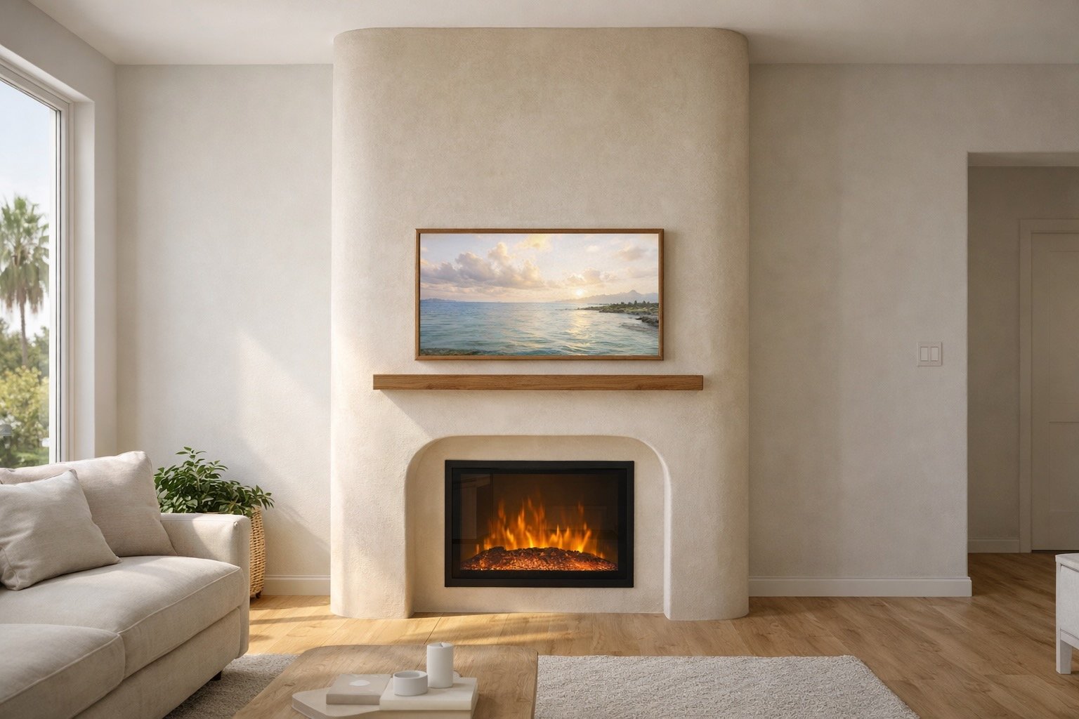 Living room with beige sofa, potted plant, fireplace, wall-mounted landscape painting, wooden mantle, and hardwood floors.