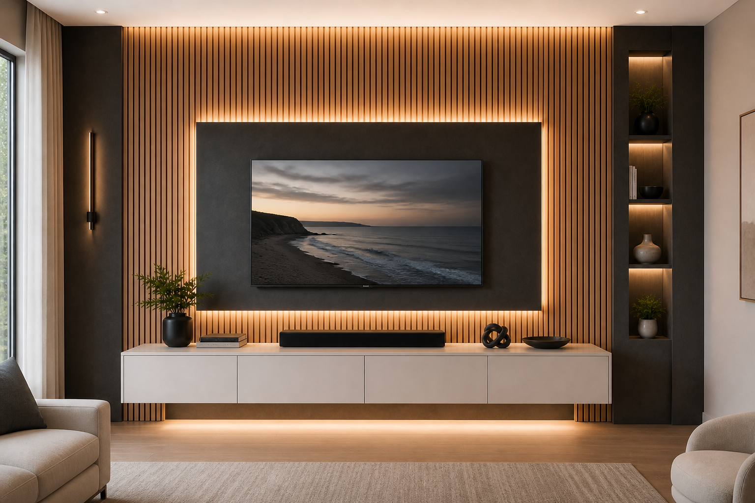 Architectural TV wall with wood slats, a backlit panel, floating white cabinets and illuminated display niches.