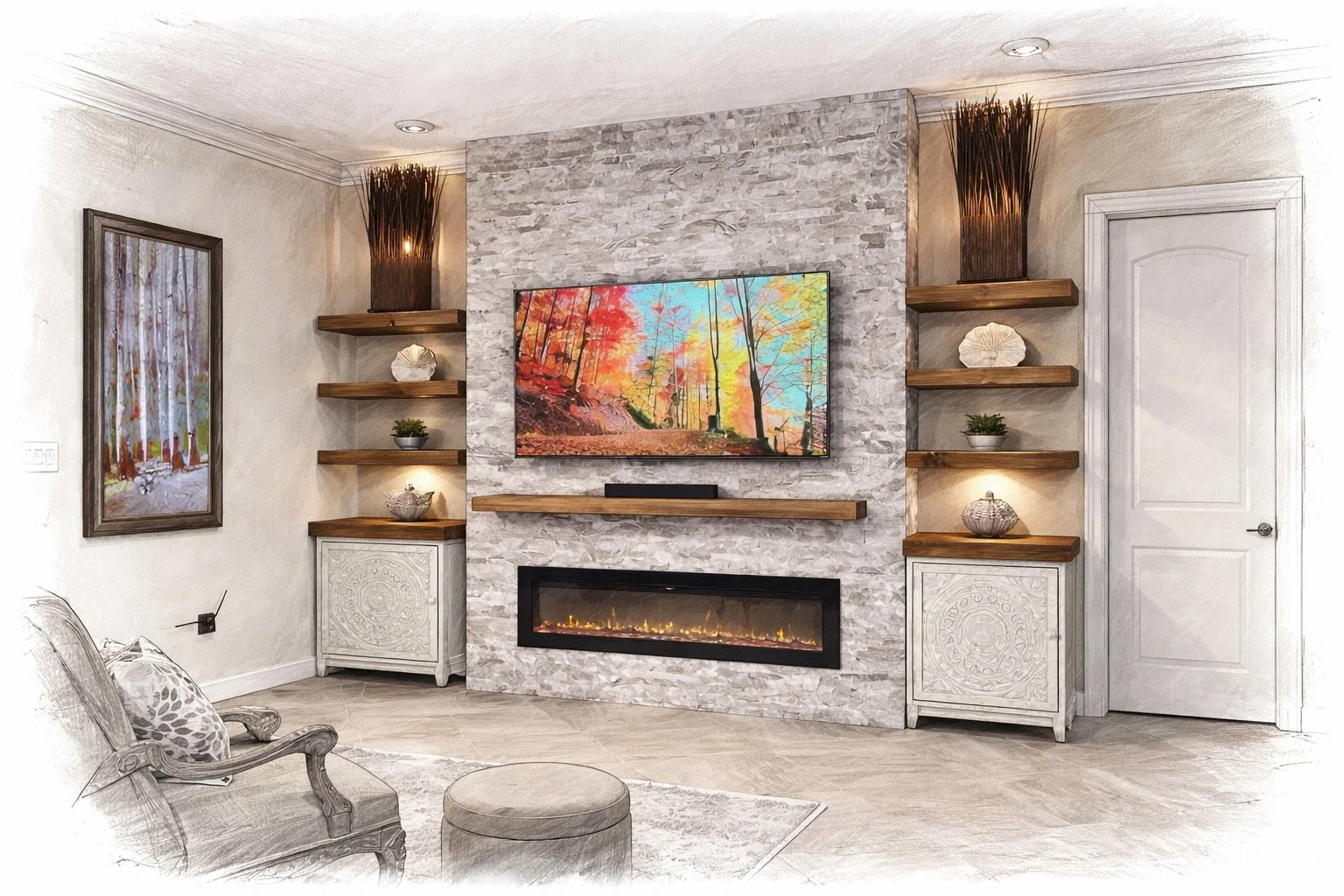sketch concept of ledger stone fireplace media wall with floating wood shelves built-in cabinets and electric fireplace